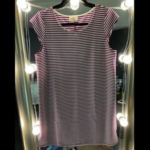 Magenta and white striped capped sleeve dress